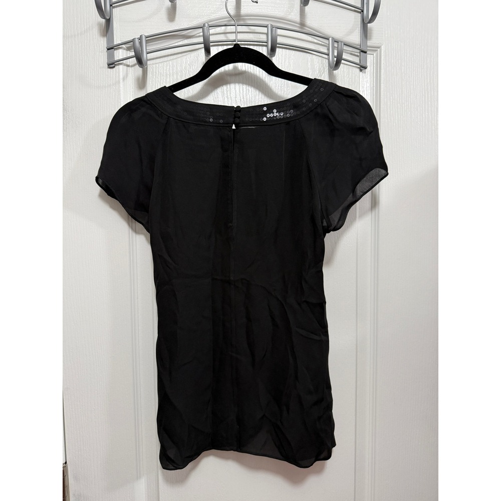 White House Black Market Silk Sequin Keyhole Blouse Black XS Short Sleeve Top
